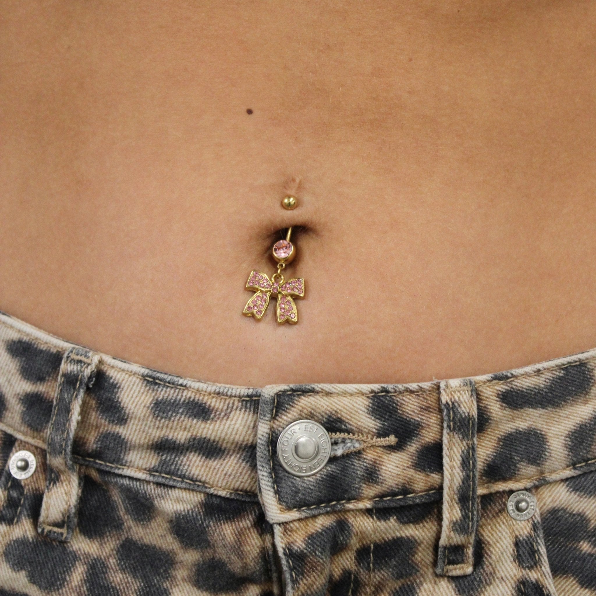 Gold Pink Diamante Dangling Bow Belly Bar - ILLUSIVE JEWELS