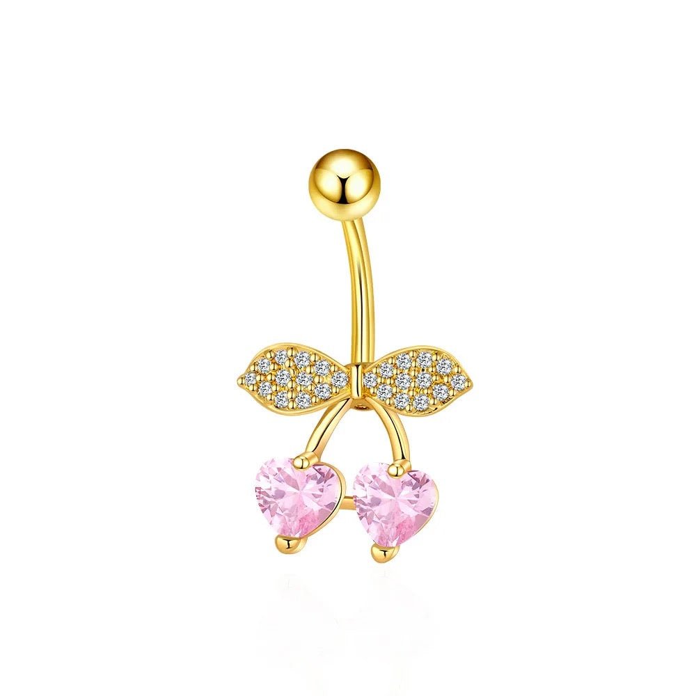Gold Pink Heart Cherry Belly Bar - ILLUSIVE JEWELS