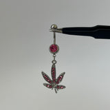 Diamante Weed Leaf Belly Bar - Pink