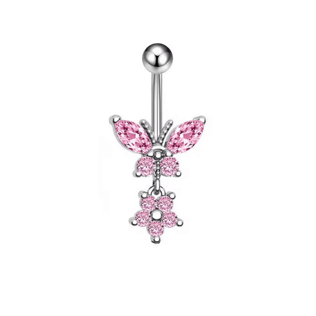 Pink Butterfly Dangling Titanium Belly Bar - ILLUSIVE JEWELS