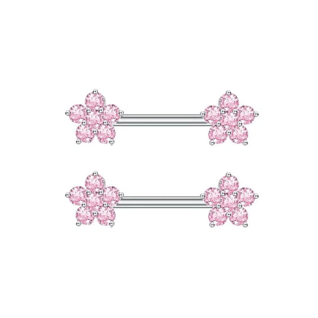 Pink Diamante Flower Nipple Bars - ILLUSIVE JEWELS