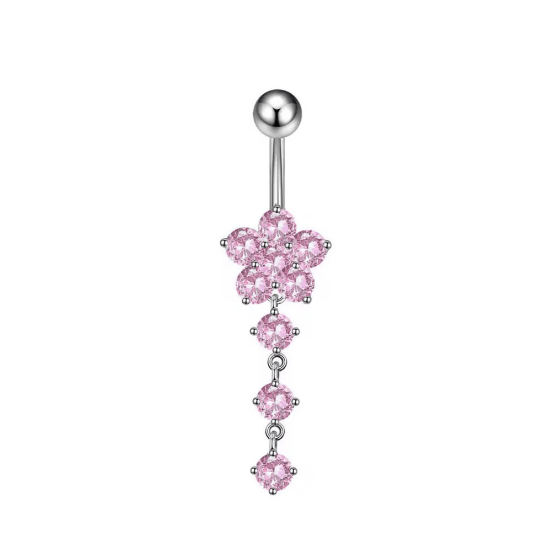 Pink Flower Dangling Titanium Belly Bar - ILLUSIVE JEWELS