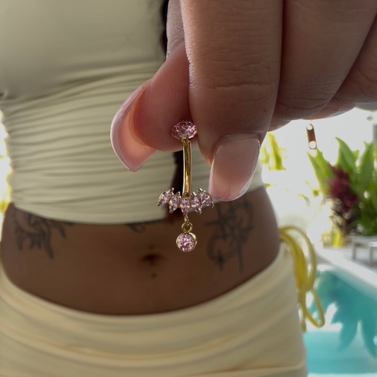 Pink Flower Gold Titanium Belly Bar - ILLUSIVE JEWELS