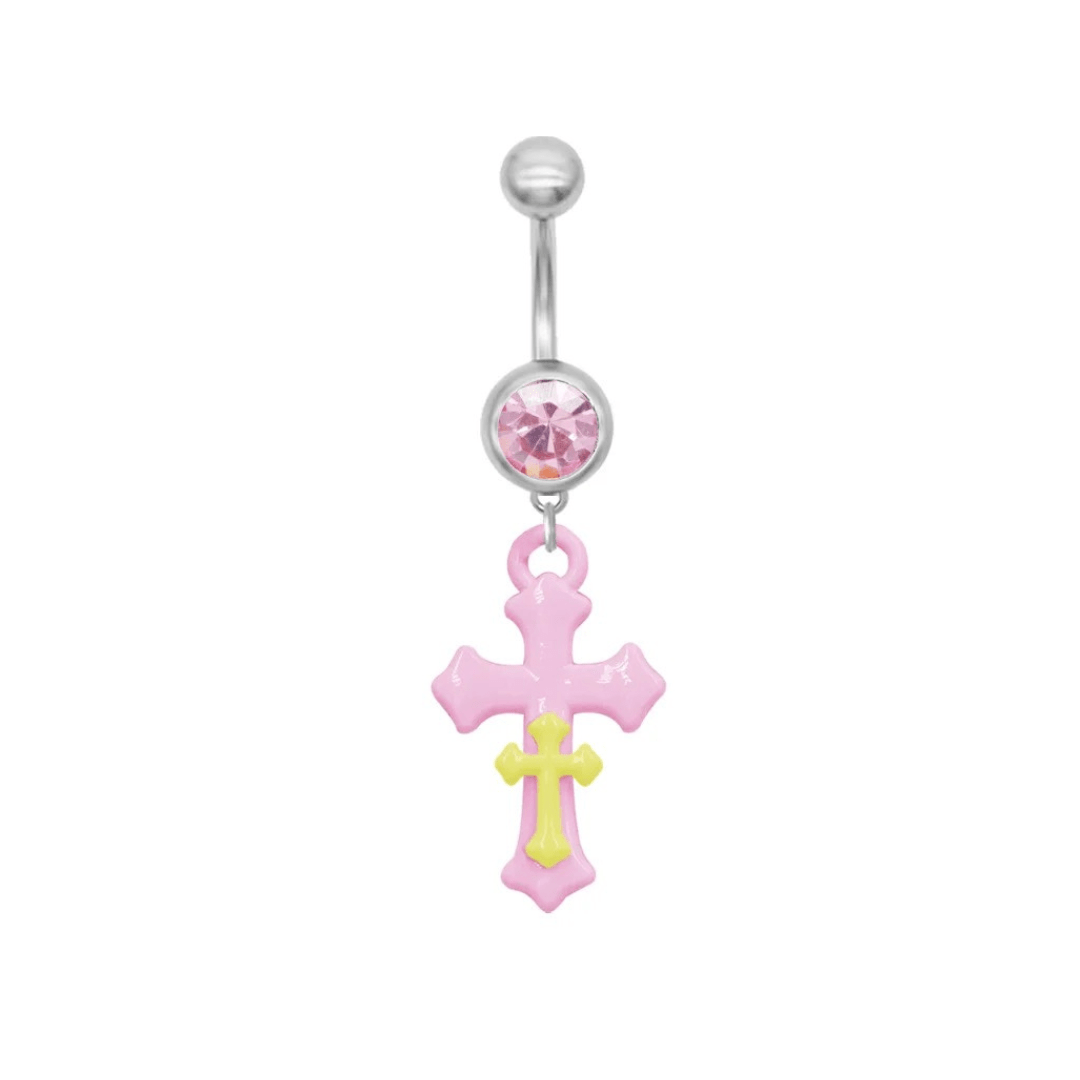 Pink Yellow Cross Belly Bar - ILLUSIVE JEWELS