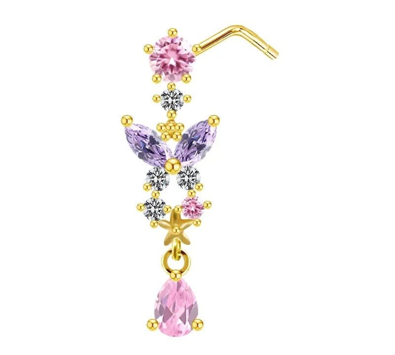 Purple Dangling Butterfly Nose Stud - Gold - ILLUSIVE JEWELS