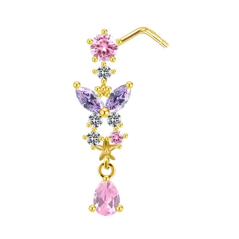 Purple Dangling Butterfly Nose Stud - Gold - ILLUSIVE JEWELS