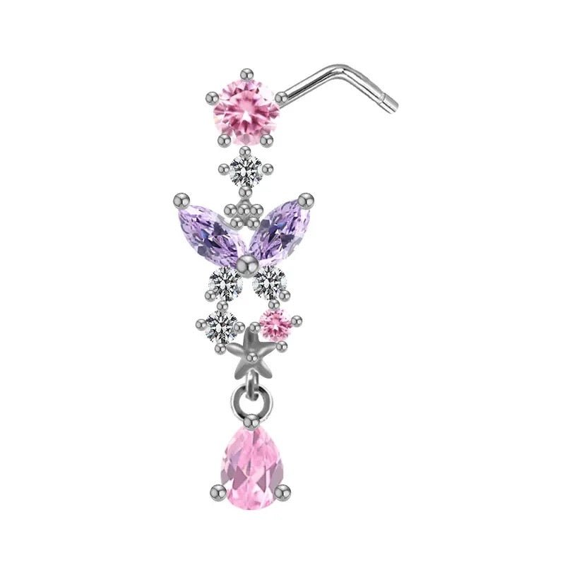 Purple Dangling Butterfly Nose Stud - Silver - ILLUSIVE JEWELS