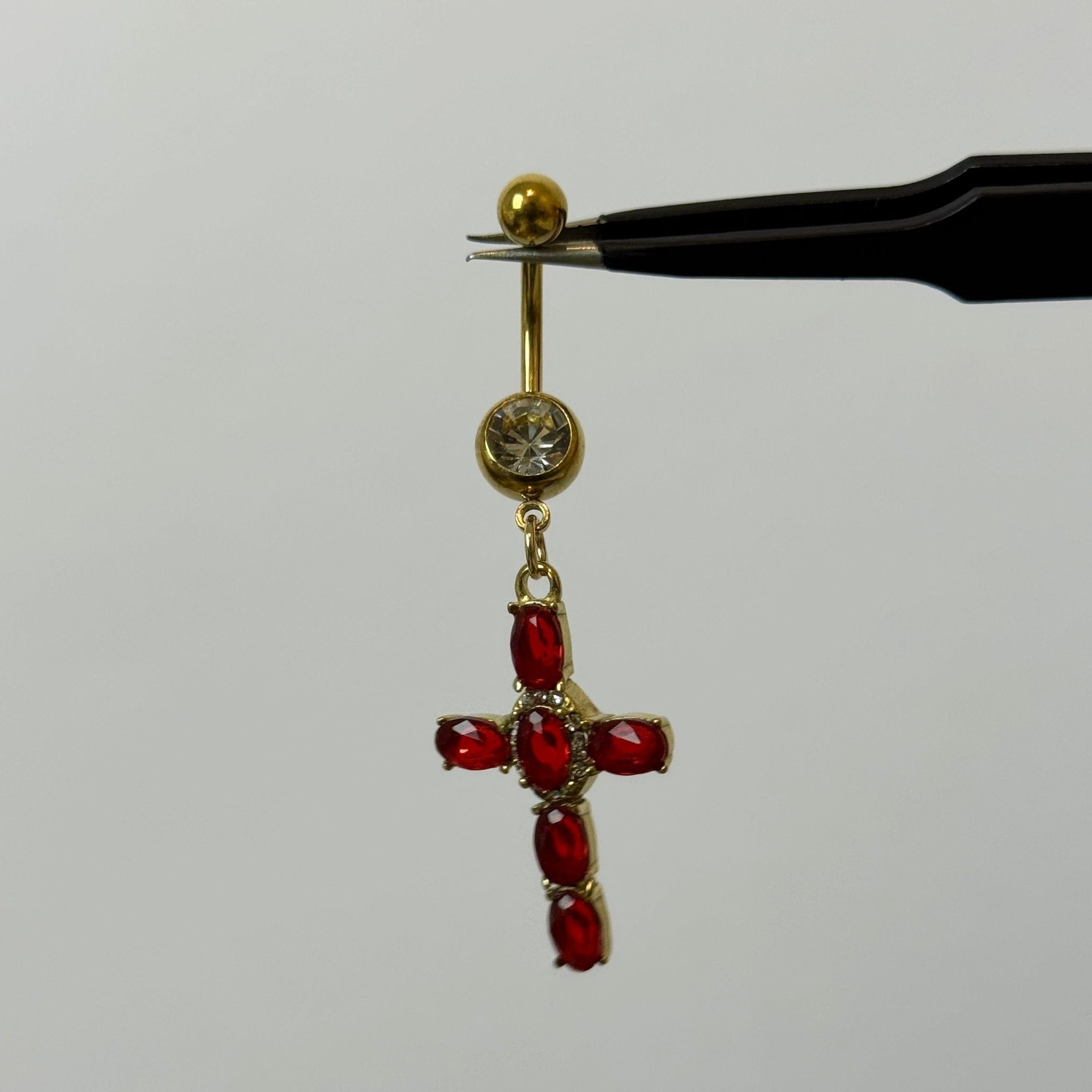 Red Diamante Cross Belly Bar - ILLUSIVE JEWELS