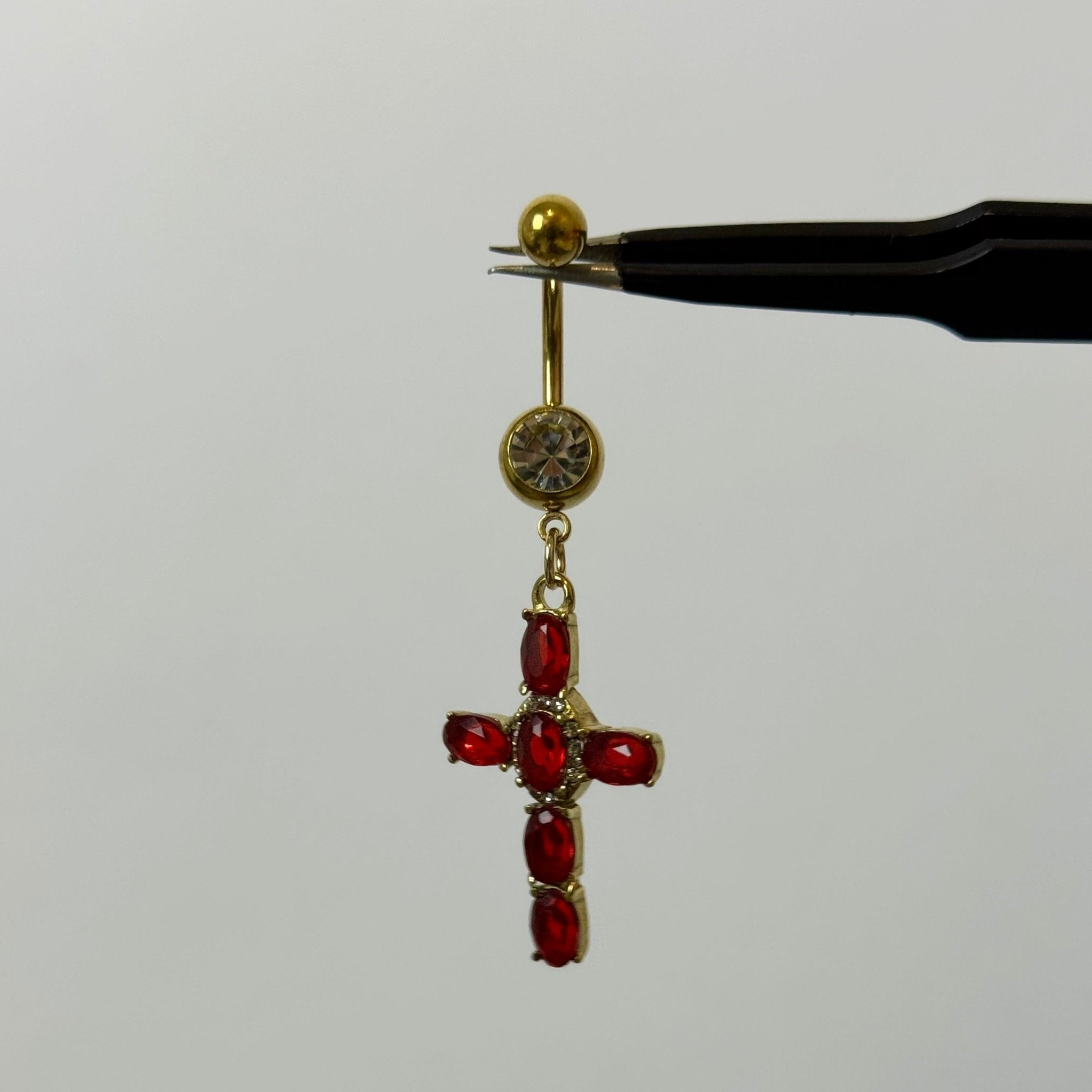 Red Diamante Cross Belly Bar - ILLUSIVE JEWELS