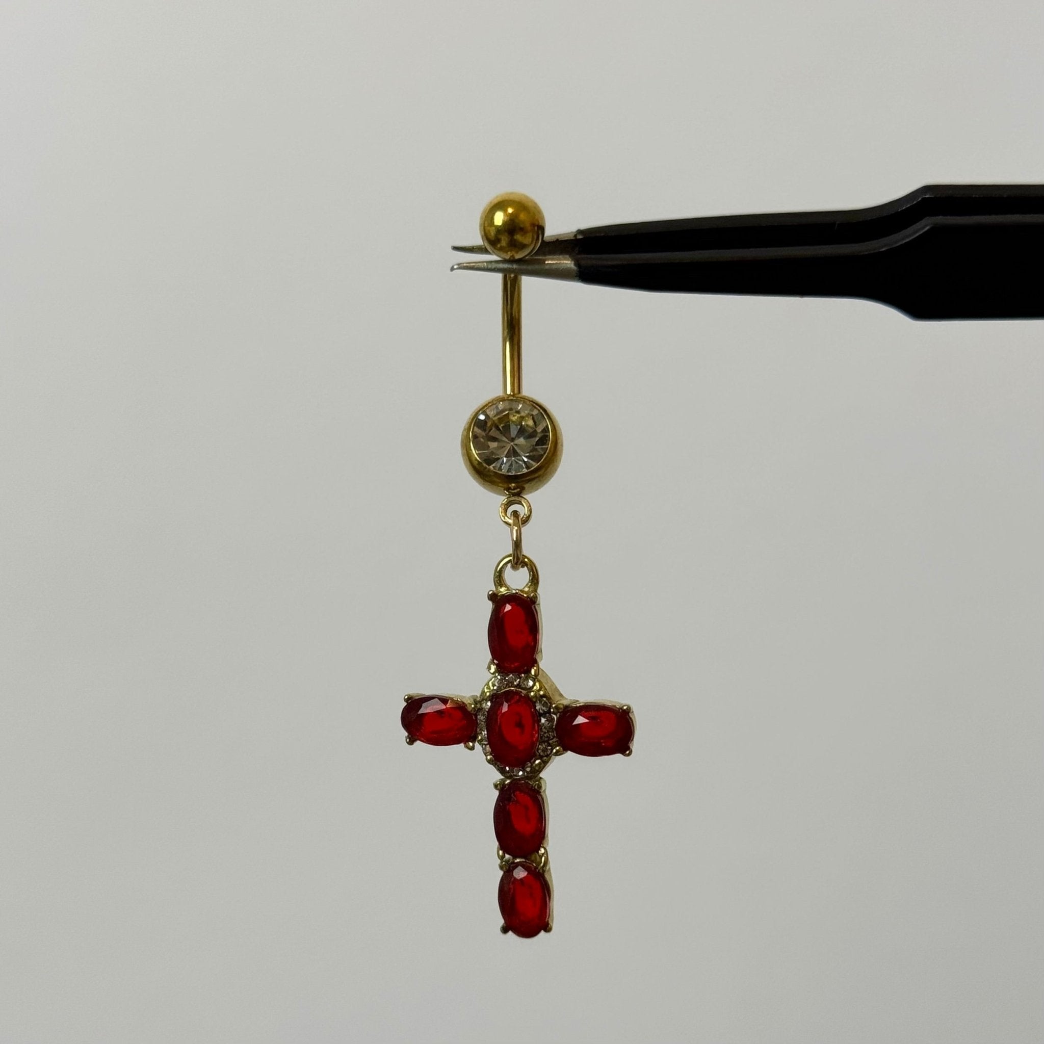 Red Diamante Cross Belly Bar - ILLUSIVE JEWELS