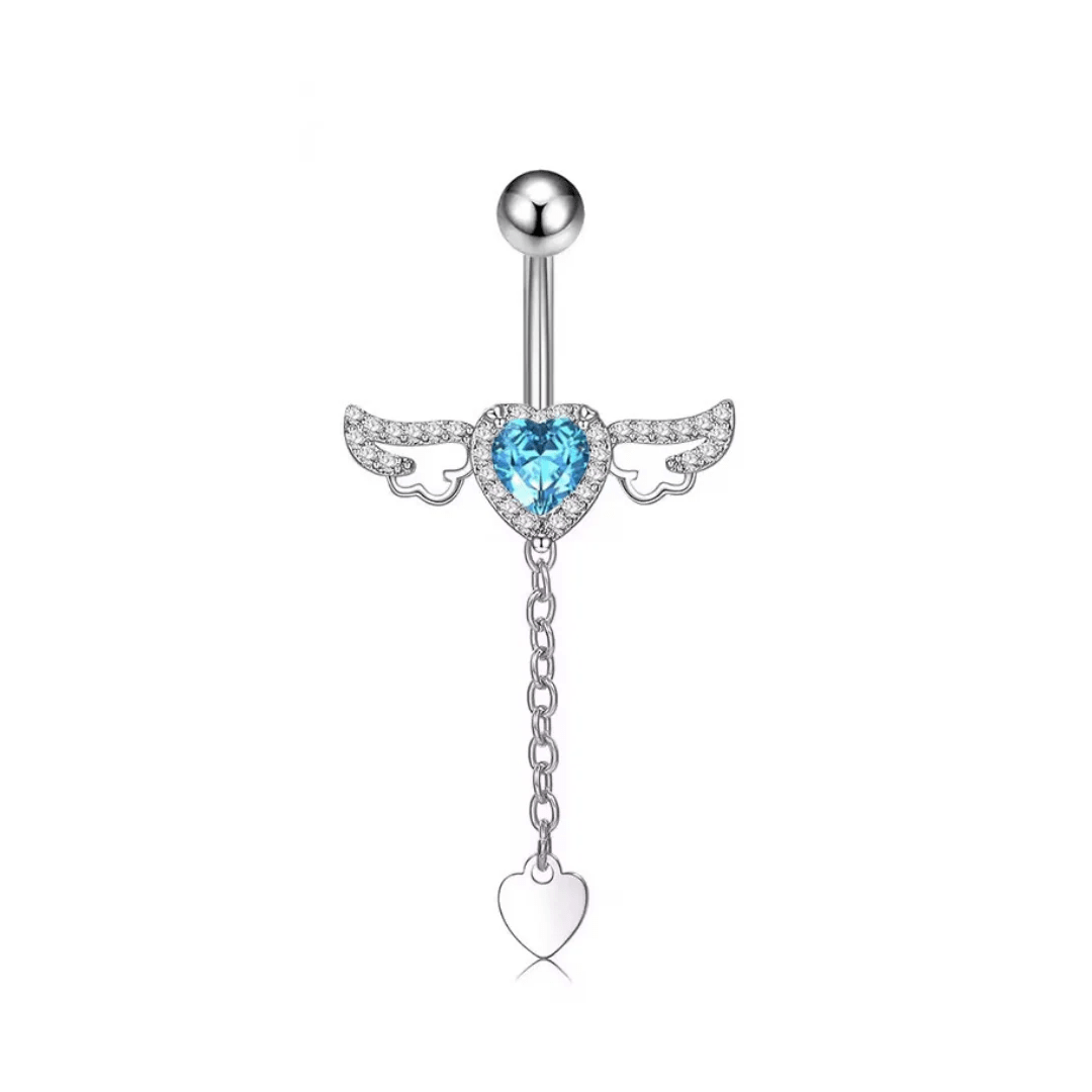 Silver Blue Diamante Angel Wings Titanium Belly Bar - ILLUSIVE JEWELS