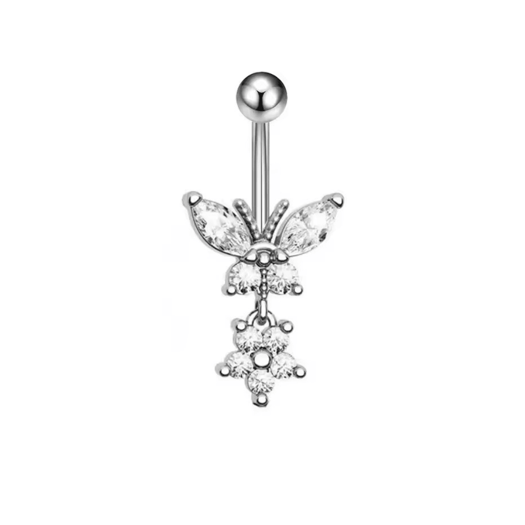 Silver Butterfly Dangling Titanium Belly Bar - ILLUSIVE JEWELS