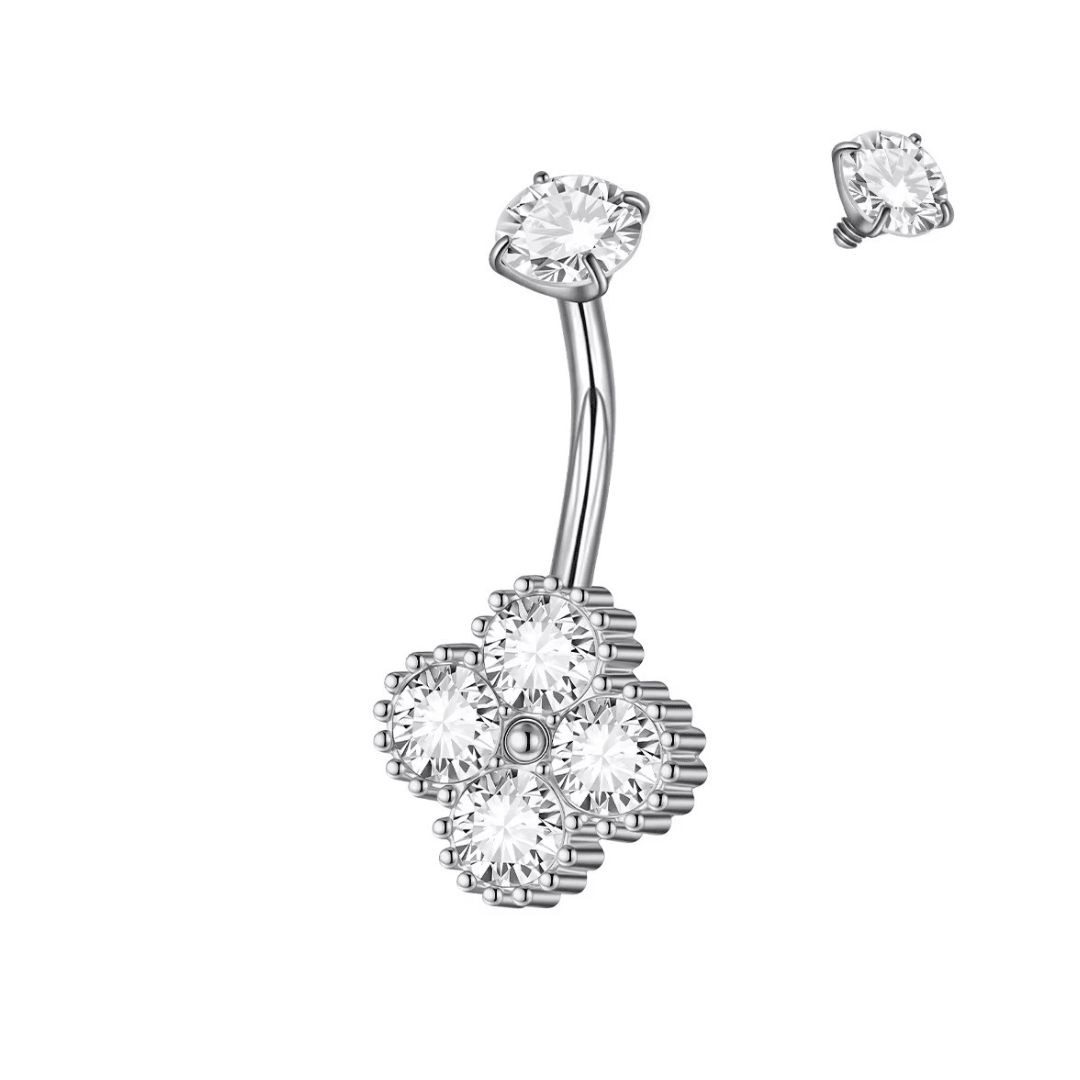 Silver CZ Clover Belly Bar - ILLUSIVE JEWELS