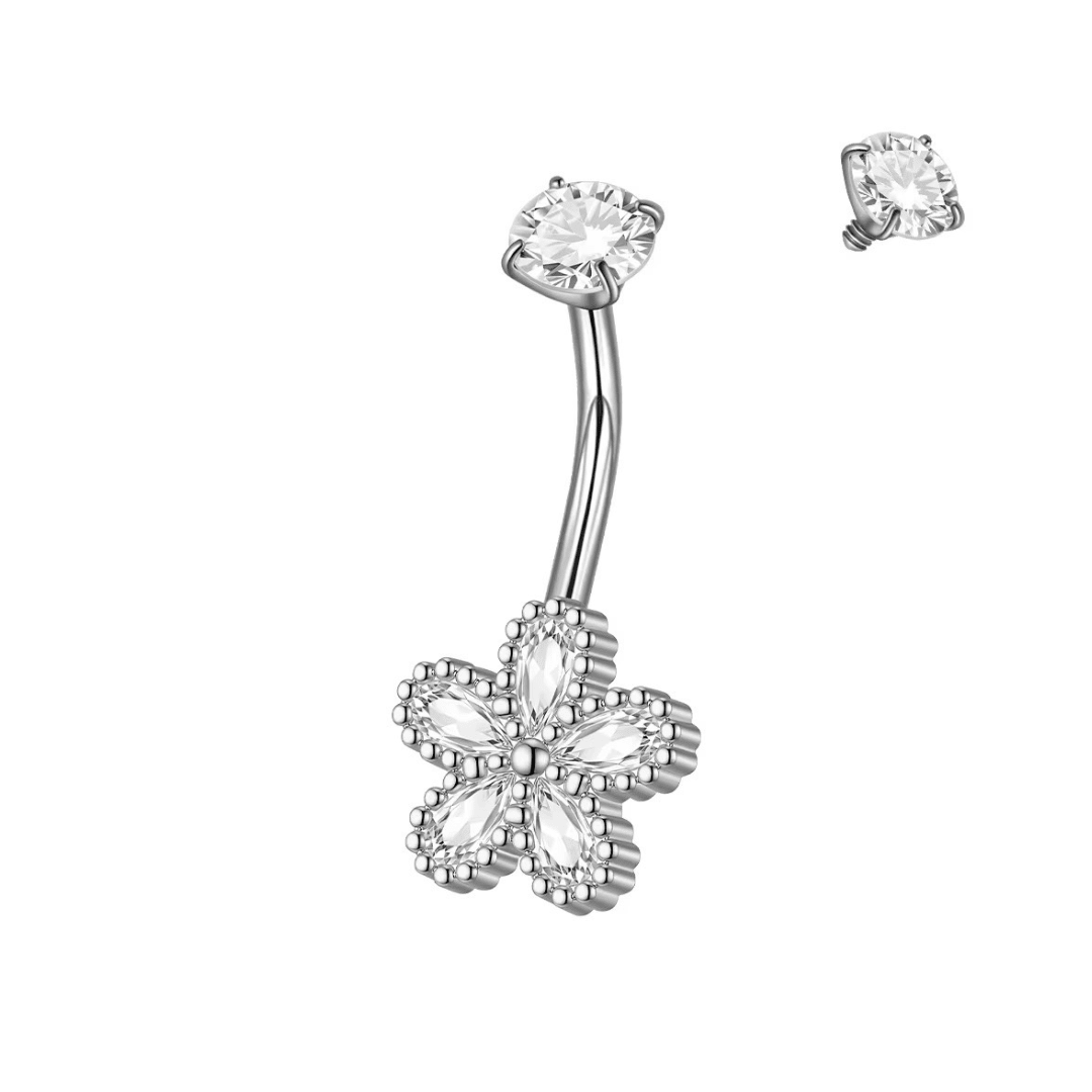 Silver CZ Flower Belly Bar - ILLUSIVE JEWELS