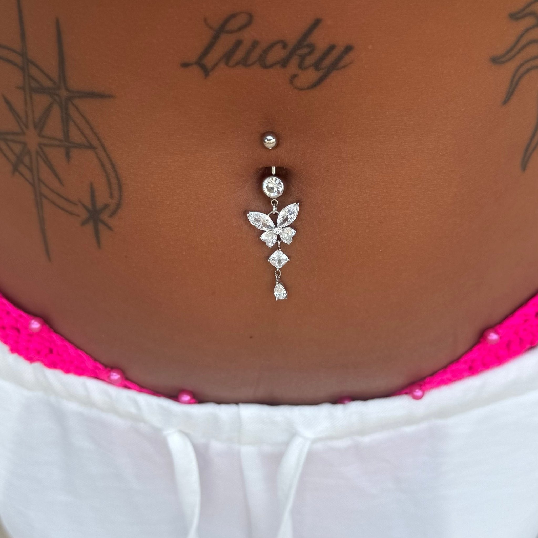 Silver Dangling Butterfly Belly Bar - ILLUSIVE JEWELS