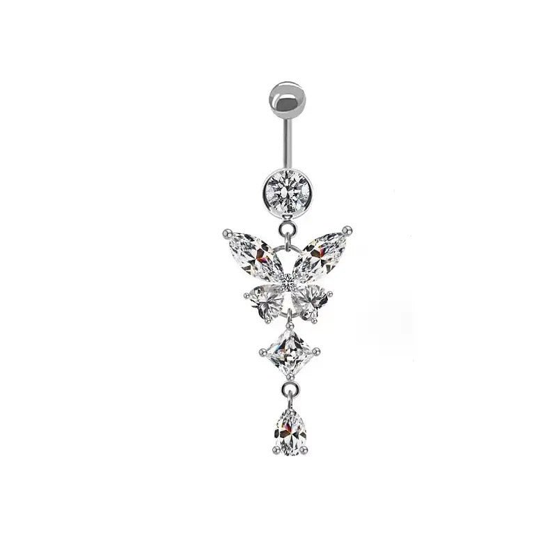 Silver Dangling Butterfly Belly Bar - ILLUSIVE JEWELS