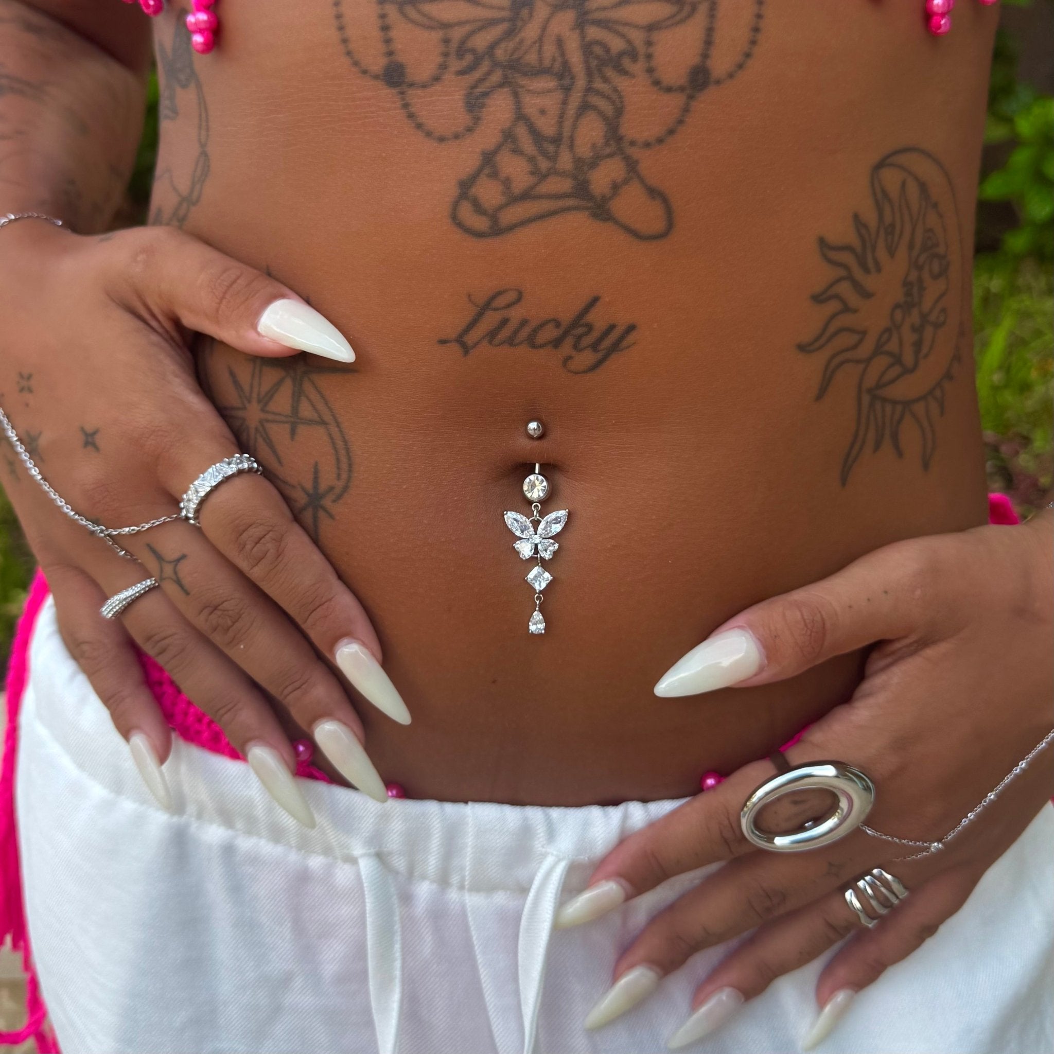 Silver Dangling Butterfly Belly Bar - ILLUSIVE JEWELS