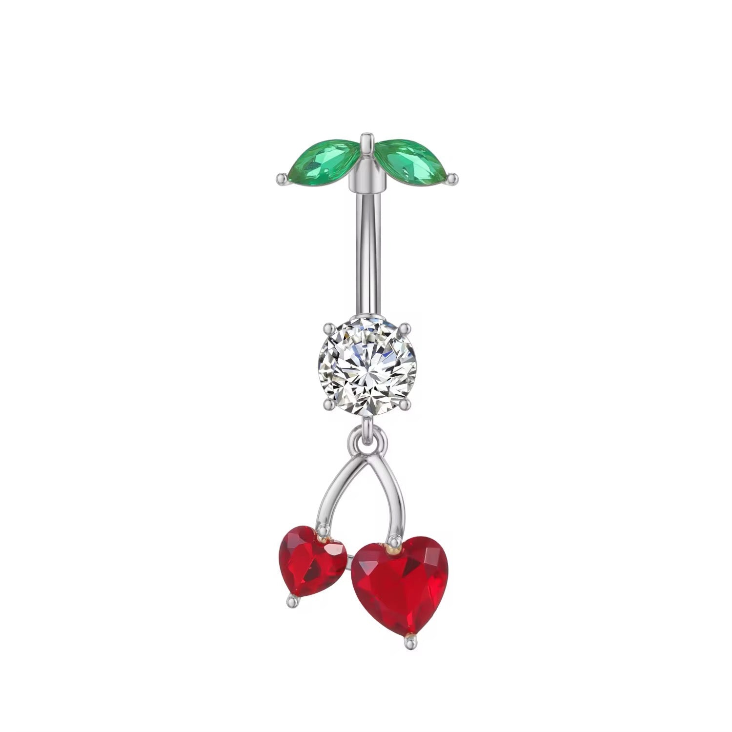 Silver Dangling Love Heart Cherry Belly Bar - ILLUSIVE JEWELS