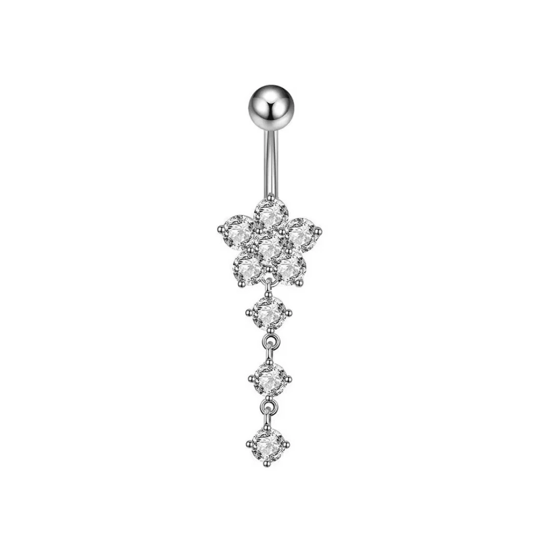 Silver Flower Dangling Titanium Belly Bar - ILLUSIVE JEWELS