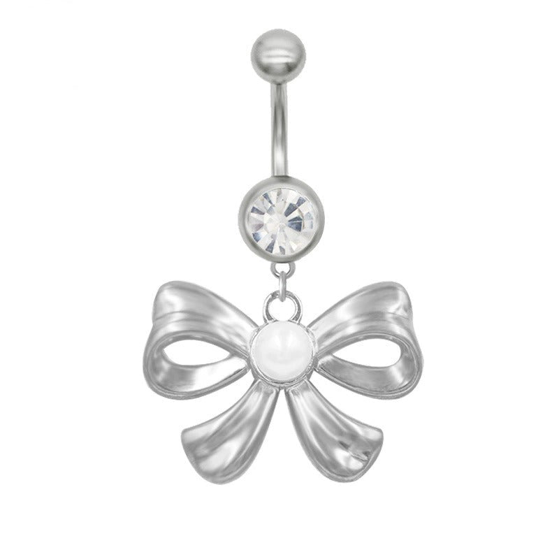 Silver Pearl Dangling Bow Belly Bar - ILLUSIVE JEWELS