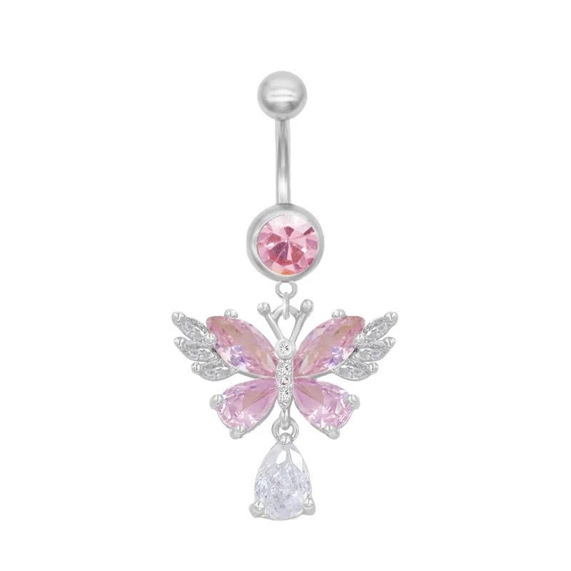 Silver Pink Angel Butterfly Belly Bar - ILLUSIVE JEWELS