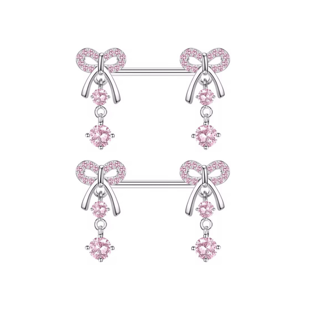 Silver Pink Bow Dangle Nipple Bars - ILLUSIVE JEWELS