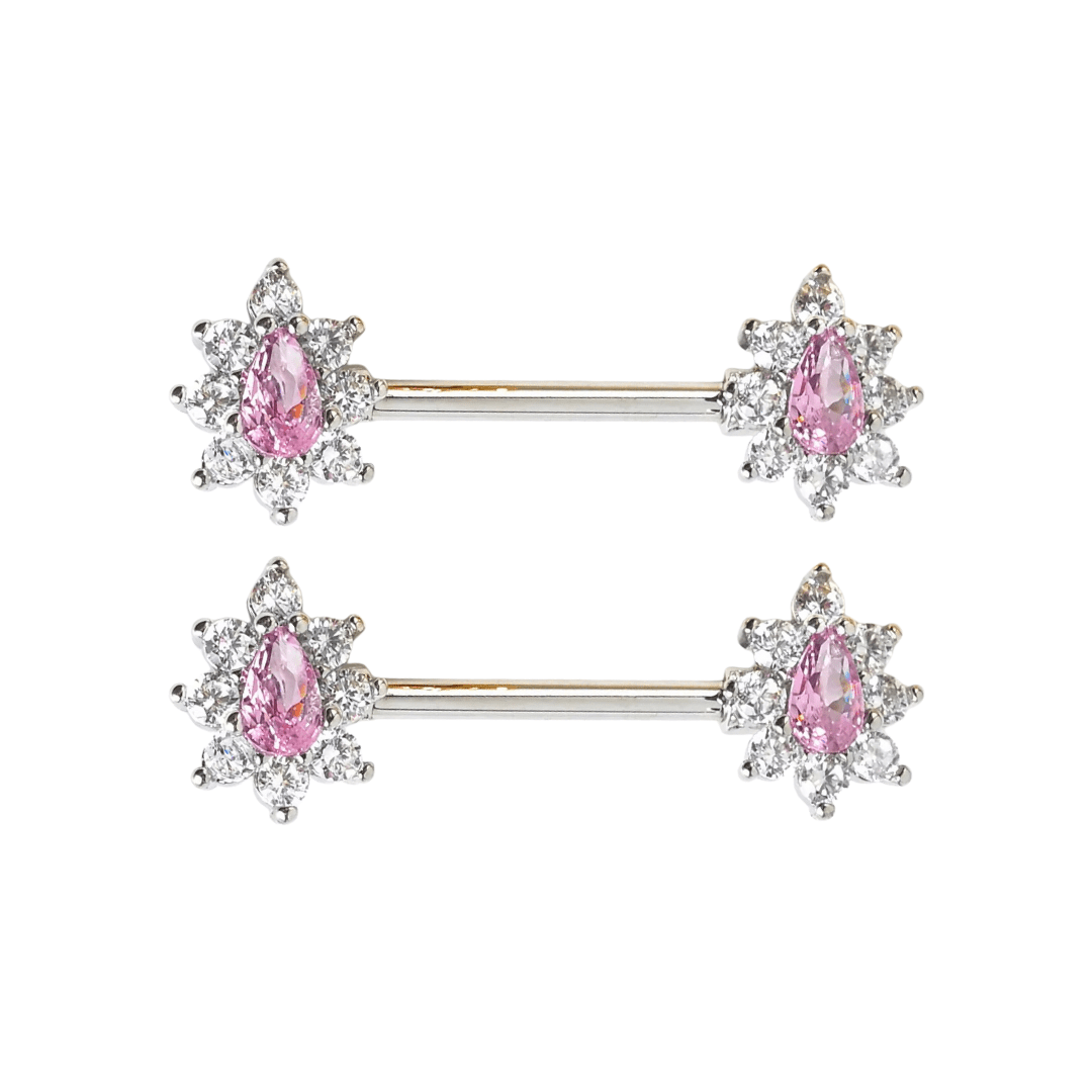 Silver Pink CZ Flower Nipple Bars - ILLUSIVE JEWELS