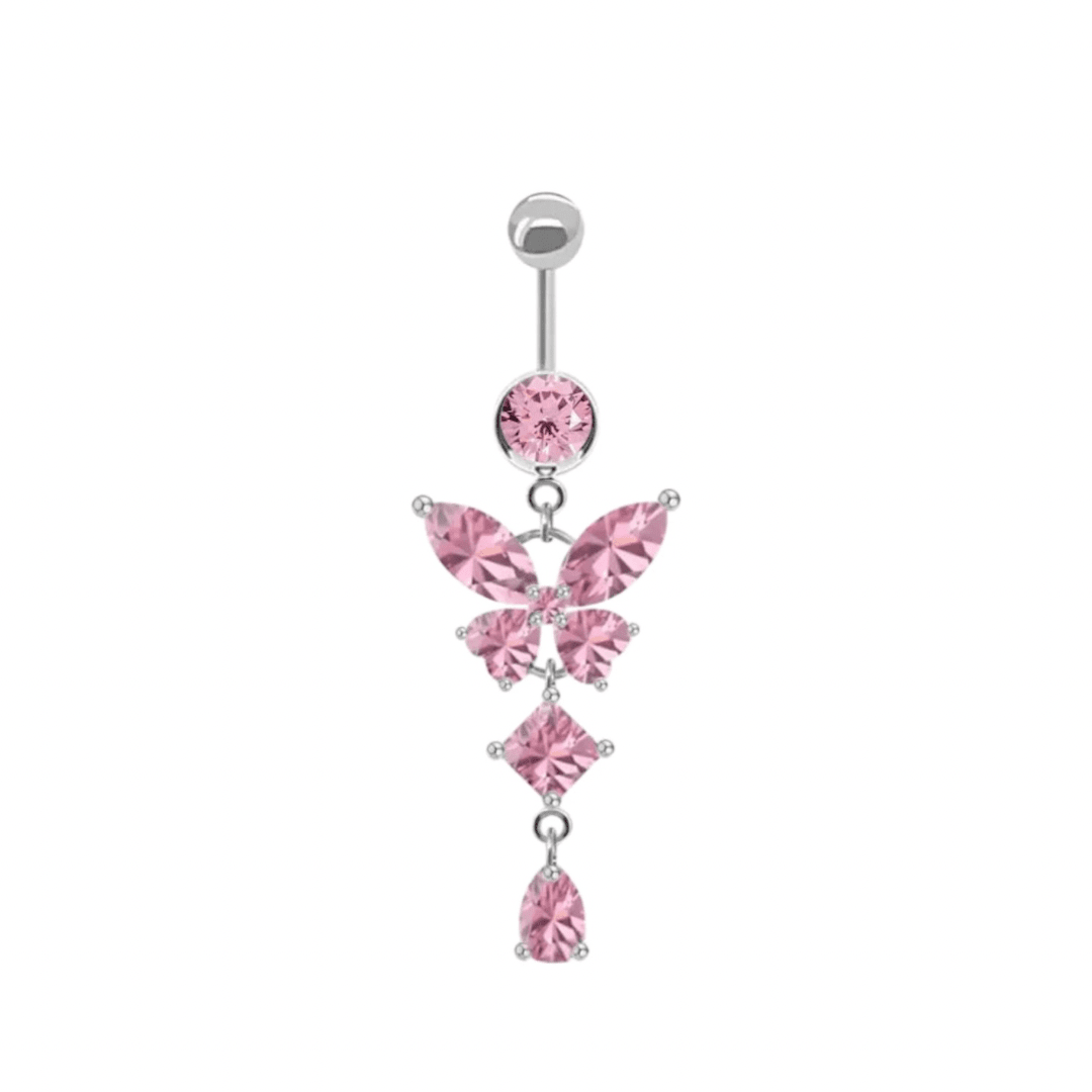 Silver Pink Dangling Butterfly Belly Bar - ILLUSIVE JEWELS
