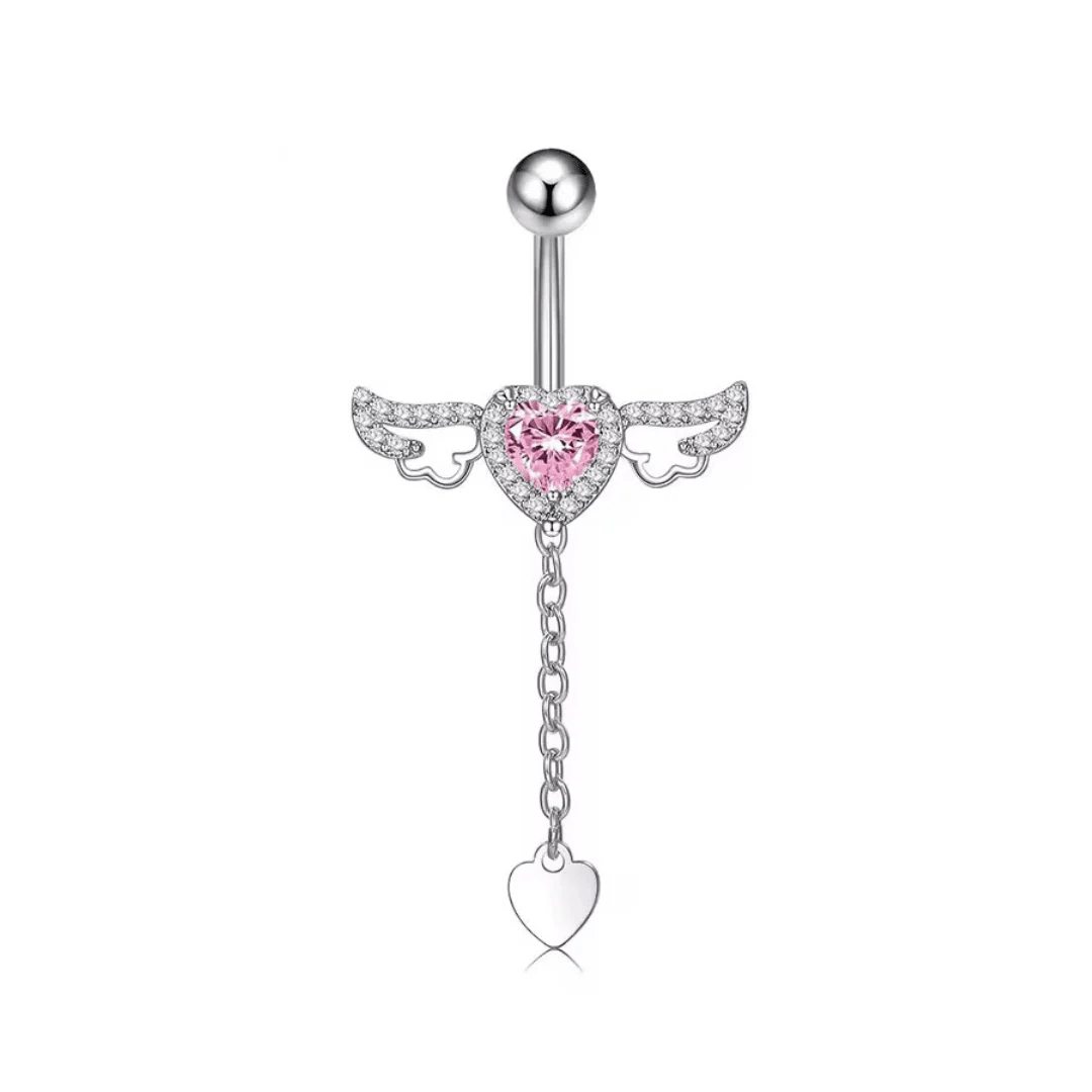 Silver Pink Diamante Angel Wings Titanium Belly Bar - ILLUSIVE JEWELS