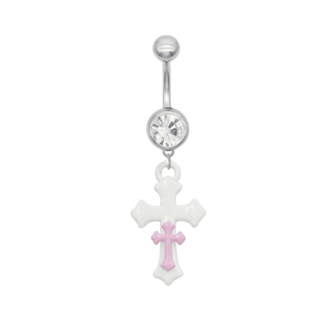 White Pink Cross Belly Bar - ILLUSIVE JEWELS
